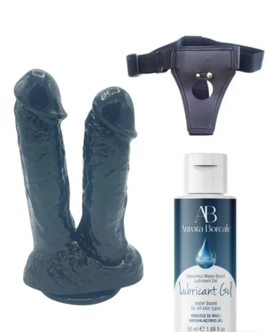Belden Bağlamalı Kayganlaştırıcı Set 21 cm Siyah Çiftli Dildo – Medikal Silikon