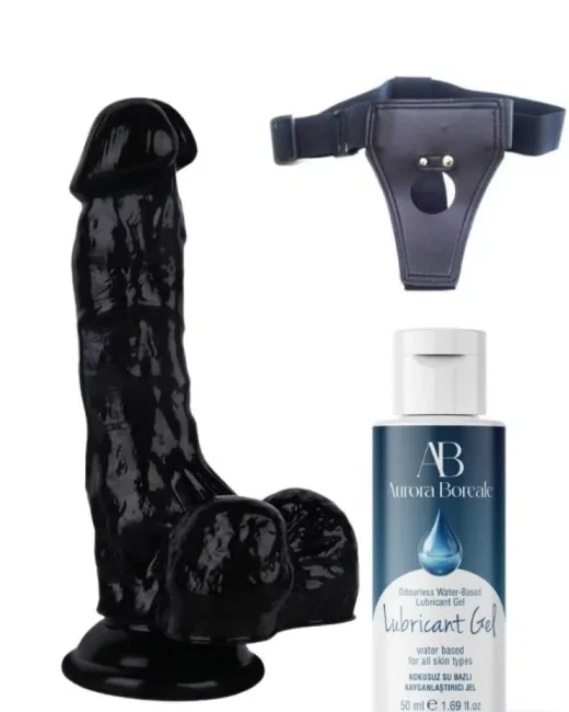 Belden Bağlamalı Kayganlaştırıcı Set 18 cm Siyah Dildo – Medikal Silikon – 3,5 cm Kalınlık