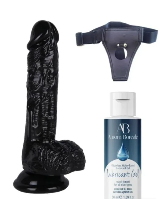 Belden Bağlamalı Kayganlaştırıcı Set 18 cm Siyah Dildo – Medikal Silikon – 3,1 cm Kalınlık