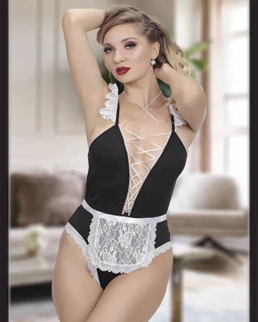 Siyah Dantel Detaylı Seksi Fantezi Hizmetçi Kostümü – Tasarım 02