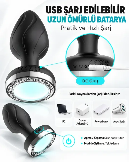 App Kontrollü Titreşimli Anal Plug – 10 Modlu, LED Işıklı, Şarjlı - Ürün görseli 5