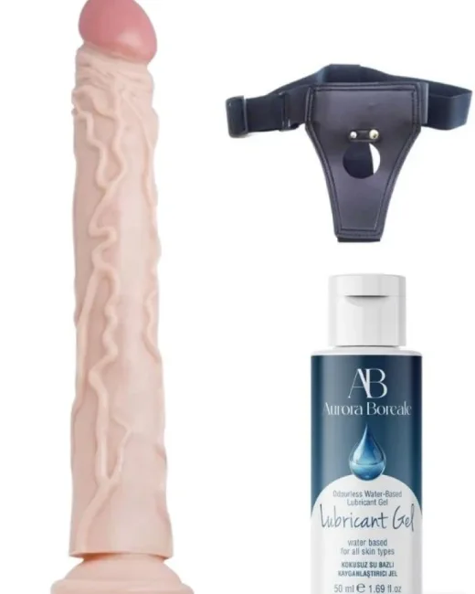 Belden Bağlamalı Kayganlaştırıcı Set 34,5 cm Realistik Dildo – Medikal Silikon