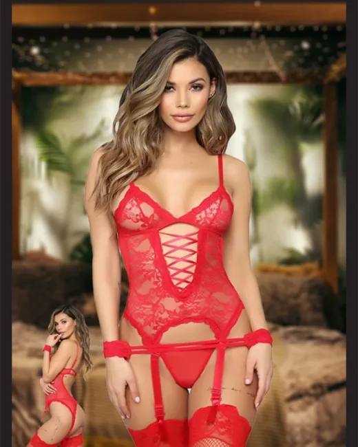 Kelepçeli Dantelli Jartiyer Takımı Seksi Fantezi s-m