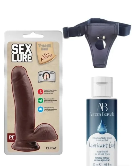 Belden Bağlamalı Kayganlaştırıcı Set Sex Lure Kıkırdaklı Gerçekçi Dildo – 17,5 cm Koyu Ten Rengi
