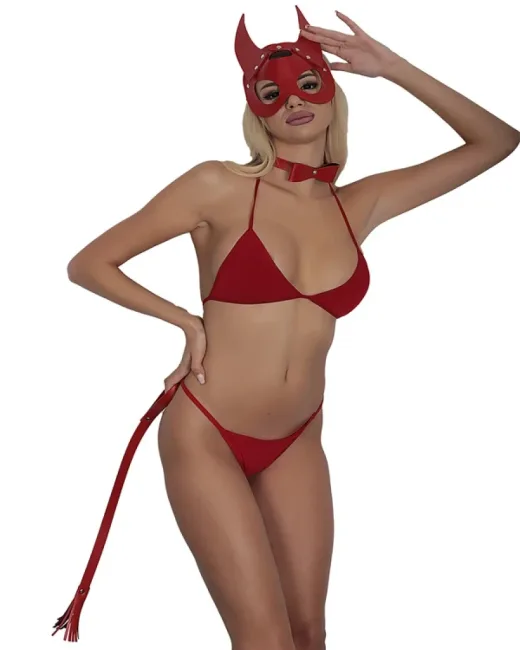 Kırmızı Maskeli Deri 3'lü Harness Set Takım + İç Çamaşır Takımı – Tasarım 02