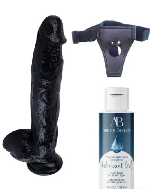 Belden Bağlamalı Kayganlaştırıcı Set 32 cm Siyah Dildo – Medikal Silikon