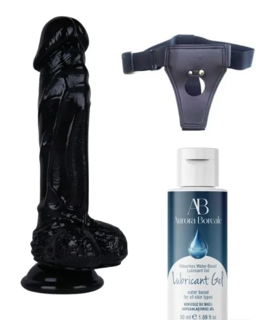 Belden Bağlamalı Kayganlaştırıcı Set 21 cm Siyah Dildo – Medikal Silikon