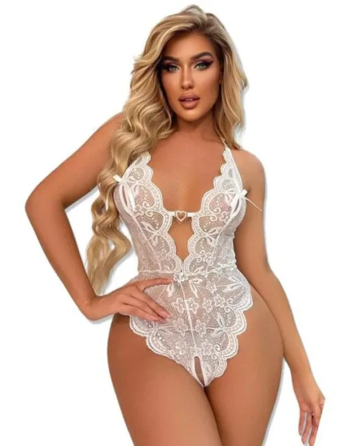 Beyaz Dantelli Derin Dekolteli Fantazi Body