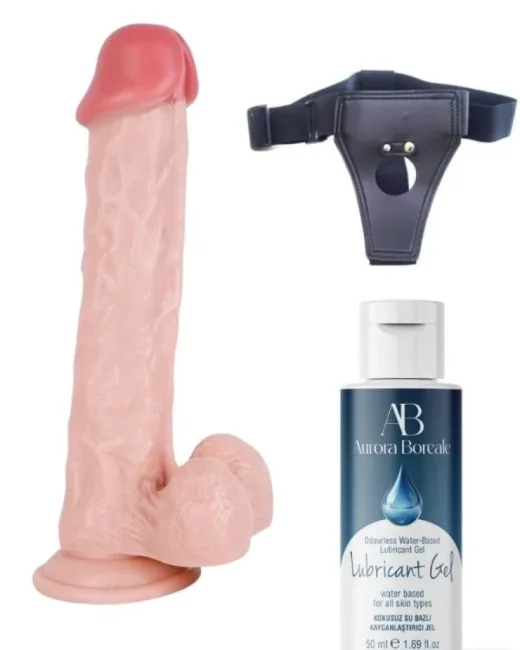 Belden Bağlamalı Kayganlaştırıcı Set 30 cm Realistik Dildo – Medikal Silikon