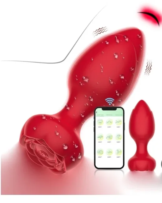 Telefon Kontrollü Full Covered Rubber Rose Anal Plug – Kırmızı – Silikon