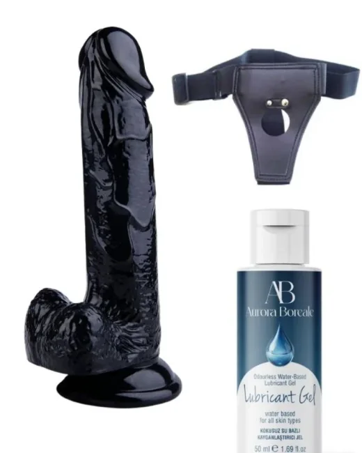 Belden Bağlamalı Kayganlaştırıcı Set 20 cm Siyah Dildo – Medikal Silikon