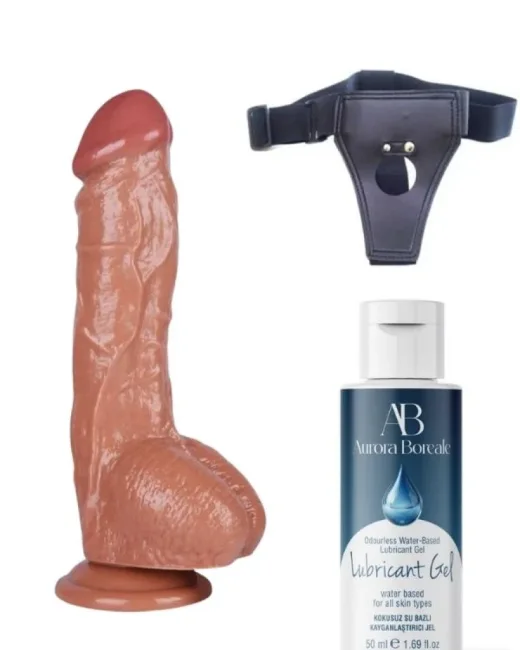 Belden Bağlamalı Kayganlaştırıcı Set 26,5 cm Kahverengi Dildo – Medikal Silikon