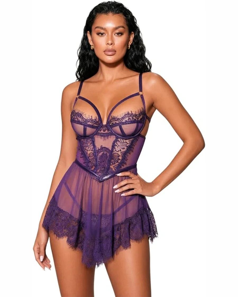 Mor Dantel ve Tül Detaylı Balenli Babydoll Gecelik