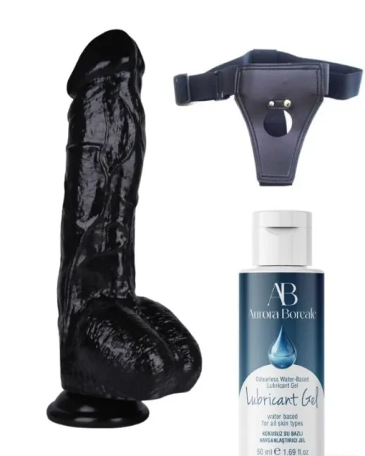 Belden Bağlamalı Kayganlaştırıcı Set 26,5 cm Siyah Dildo – Medikal Silikon