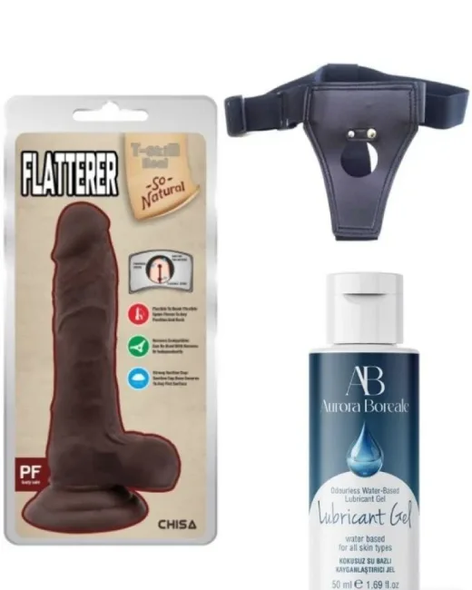 Belden Bağlamalı Kayganlaştırıcı Set Flatterer Kıkırdaklı Gerçekçi Dildo – 18,6 cm Koyu Ten Rengi