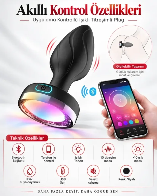 App Kontrollü Titreşimli Anal Plug – 10 Modlu, LED Işıklı, Şarjlı - Ürün görseli 3