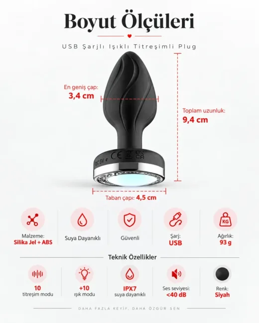 App Kontrollü Titreşimli Anal Plug – 10 Modlu, LED Işıklı, Şarjlı - Ürün görseli 6