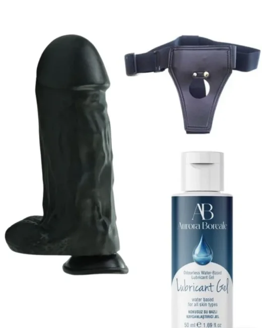 Belden Bağlamalı Kayganlaştırıcı Set 27 cm Siyah Dildo – Medikal Silikon