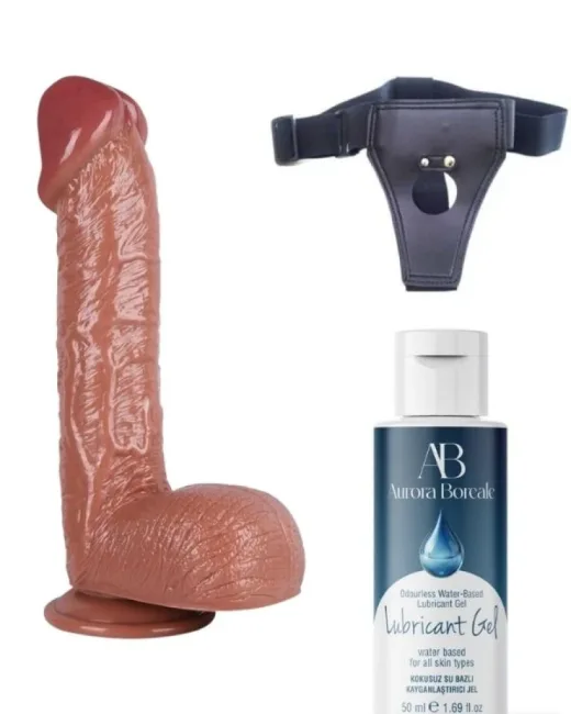 Belden Bağlamalı Kayganlaştırıcı Set 34 cm Kahverengi Dildo – Medikal Silikon