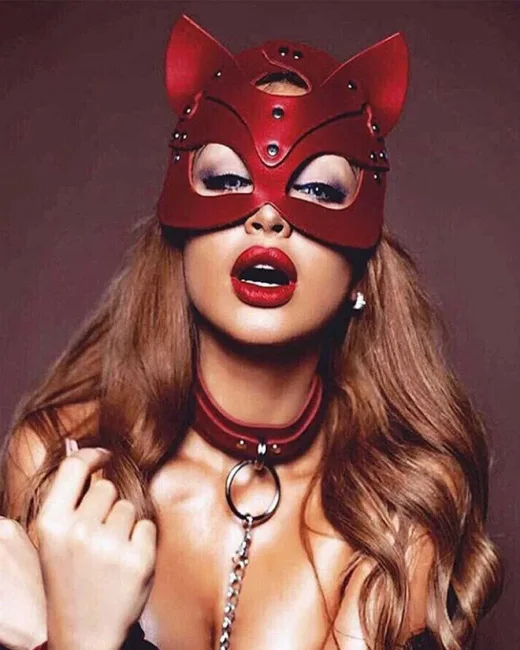 Kırmızı Kedi Maskeli Fantezi Maske, Tasma ve Kelepçe Seti alternatif görünüm