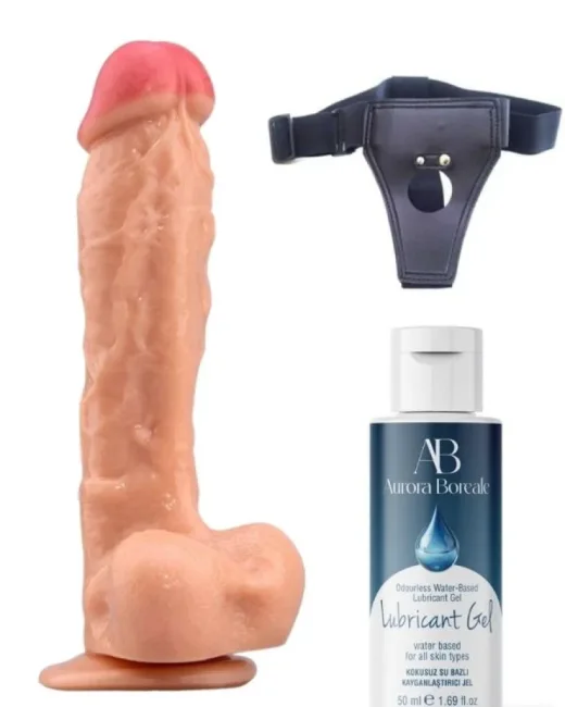Belden Bağlamalı Kayganlaştırıcı Set 23 cm Realistik Dildo – Medikal Silikon
