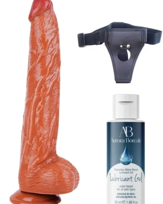 Belden Bağlamalı Kayganlaştırıcı Set 32 cm Melez Dildo – Medikal Silikon