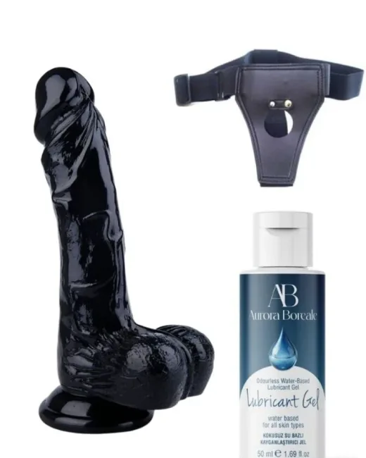 Belden Bağlamalı Kayganlaştırıcı Set 22,5 cm Siyah Dildo – Medikal Silikon – 4,2 cm Kalınlık