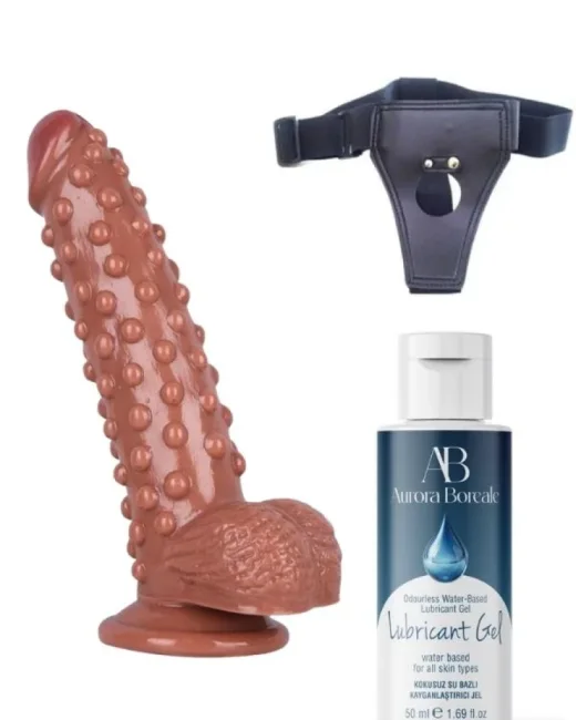Belden Bağlamalı Kayganlaştırıcı Set 24 cm Kahverengi Dildo – Medikal Silikon