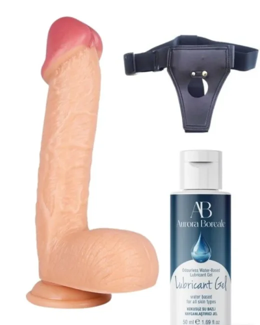 Belden Bağlamalı Kayganlaştırıcı Set 34 cm Realistik Dildo – Medikal Silikon