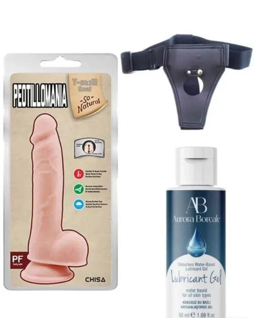 Belden Bağlamalı Kayganlaştırıcı Set Peotillomania 19,5 cm Gerçekçi Dildo – Hissedilir Damarlı, Vantuzlu