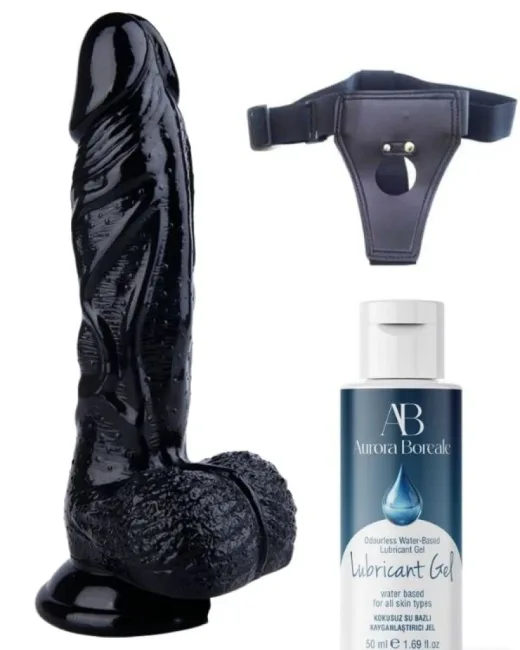 Belden Bağlamalı Kayganlaştırıcı Set 22,5 cm Siyah Dildo – Medikal Silikon