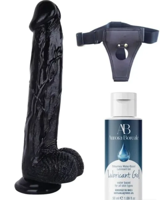 Belden Bağlamalı Kayganlaştırıcı Set 30 cm Siyah Dildo – Medikal Silikon – 830 g