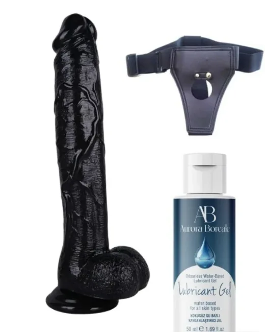 Belden Bağlamalı Kayganlaştırıcı Set 30 cm Siyah Dildo – Medikal Silikon – 672 g