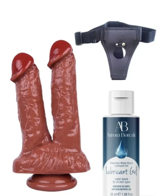Belden Bağlamalı Kayganlaştırıcı Set 21 cm Kahverengi Çiftli Dildo – Medikal Silikon
