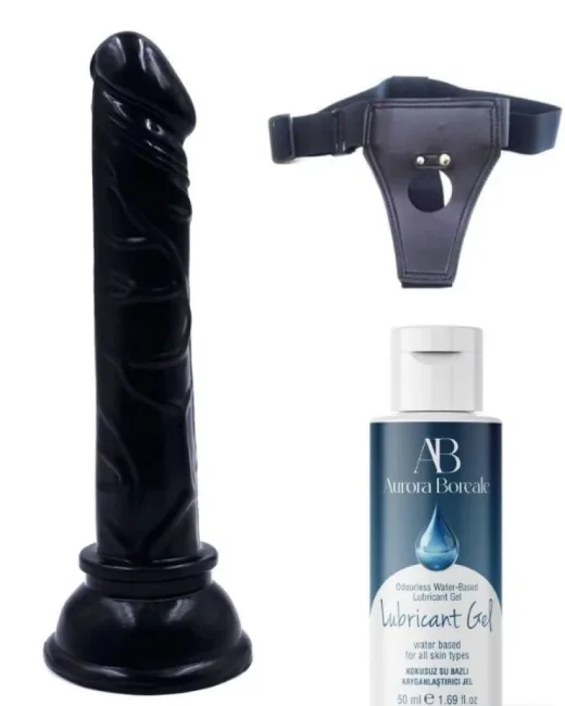 Belden Bağlamalı Kayganlaştırıcı Set Siyah Renk Gerçekçi 15 cm Anal Dildo