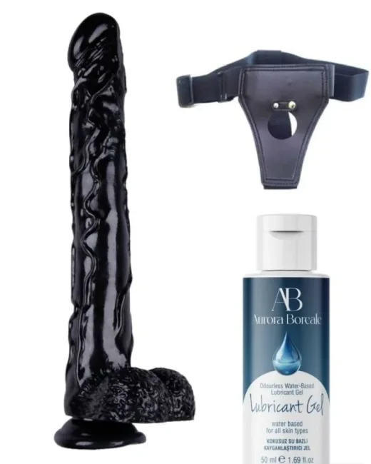 Belden Bağlamalı Kayganlaştırıcı Set 42 cm Siyah Dildo – Medikal Silikon