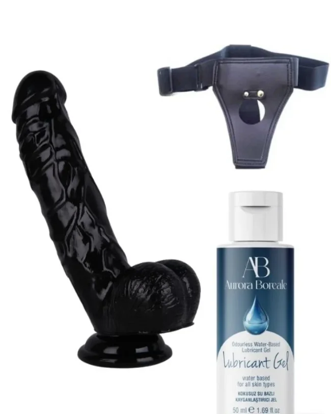 Belden Bağlamalı Kayganlaştırıcı Set 21,5 cm Siyah Dildo – Medikal Silikon