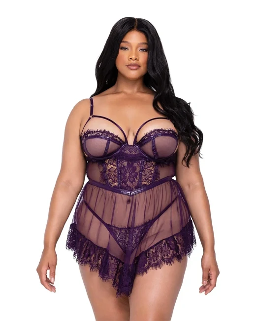 Mor Dantel ve Tül Detaylı Balenli Babydoll Gecelik - Ürün görseli 7