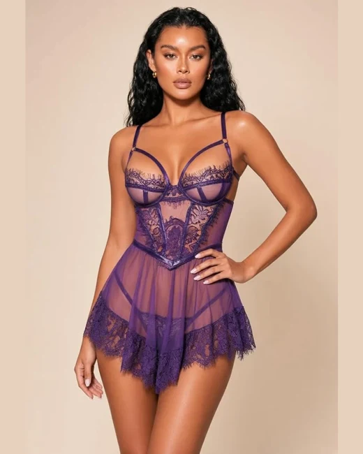 Mor Dantel ve Tül Detaylı Balenli Babydoll Gecelik alternatif görünüm